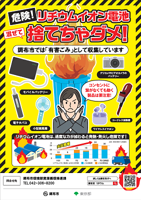 リチウムイオン電池等を混ぜて捨てないよう呼びかけるポスターの画像