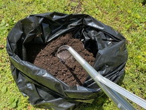 黒いビニール袋に入れた土に水をかけている画像