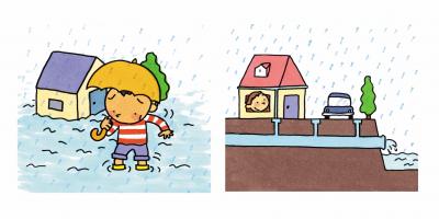 大量の雨水が処理されずに冠水したまちのイラストと下水道によ雨水が河川へ排水されているイラスト