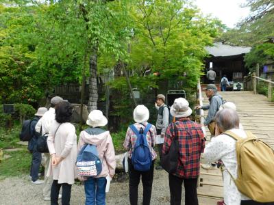 歴史散歩中の深大寺の池のところで説明を受けている様子