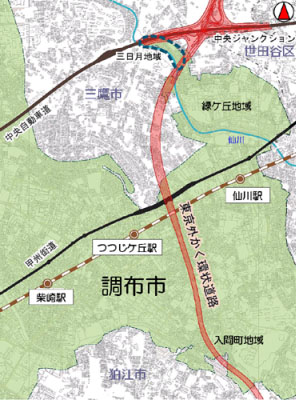 東京外かく環状道路の調布市内の基本計画を示した画像